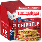 Bumble Bee chipotle-seasoned tuna pouch opens for quick protein snack.