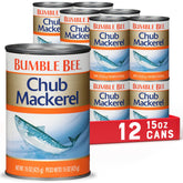 Bumble Bee Chub Mackerel 15oz can pack on pantry shelf, ideal protein option.