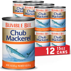 Bumble Bee Chub Mackerel 15oz can pack on pantry shelf, ideal protein option.