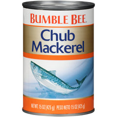 Bumble Bee Chub Mackerel in water can closeup, highlighting whole fish and protein.