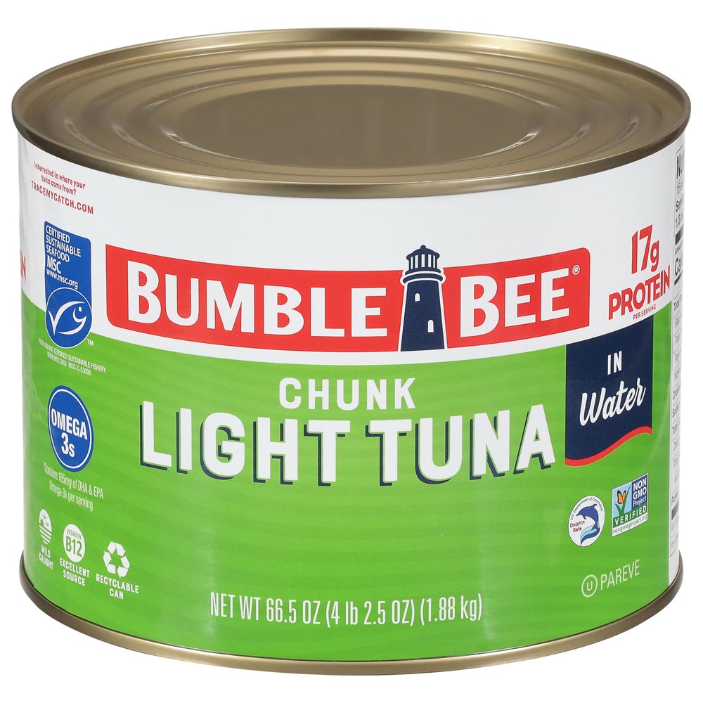 Bumble Bee Chunk Light Tuna in Water bulk can with light, flaky texture for versatile meals.