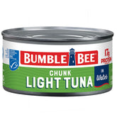Bumble Bee Chunk Light Tuna in Water can close-up showing flaky texture and lean protein.