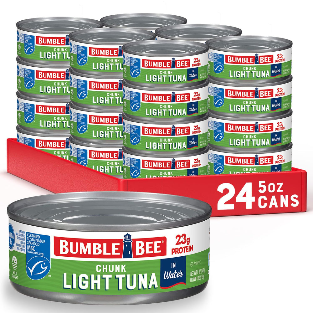 Bumble Bee Chunk Light Tuna in Water can with flaky texture, high-protein option for quick meals.