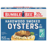 Bumble Bee hardwood smoked oysters can, ready-to-eat protein-packed snack.