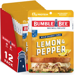 Bumble Bee Lemon Pepper Tuna pouch front showcases ready-to-eat protein.
