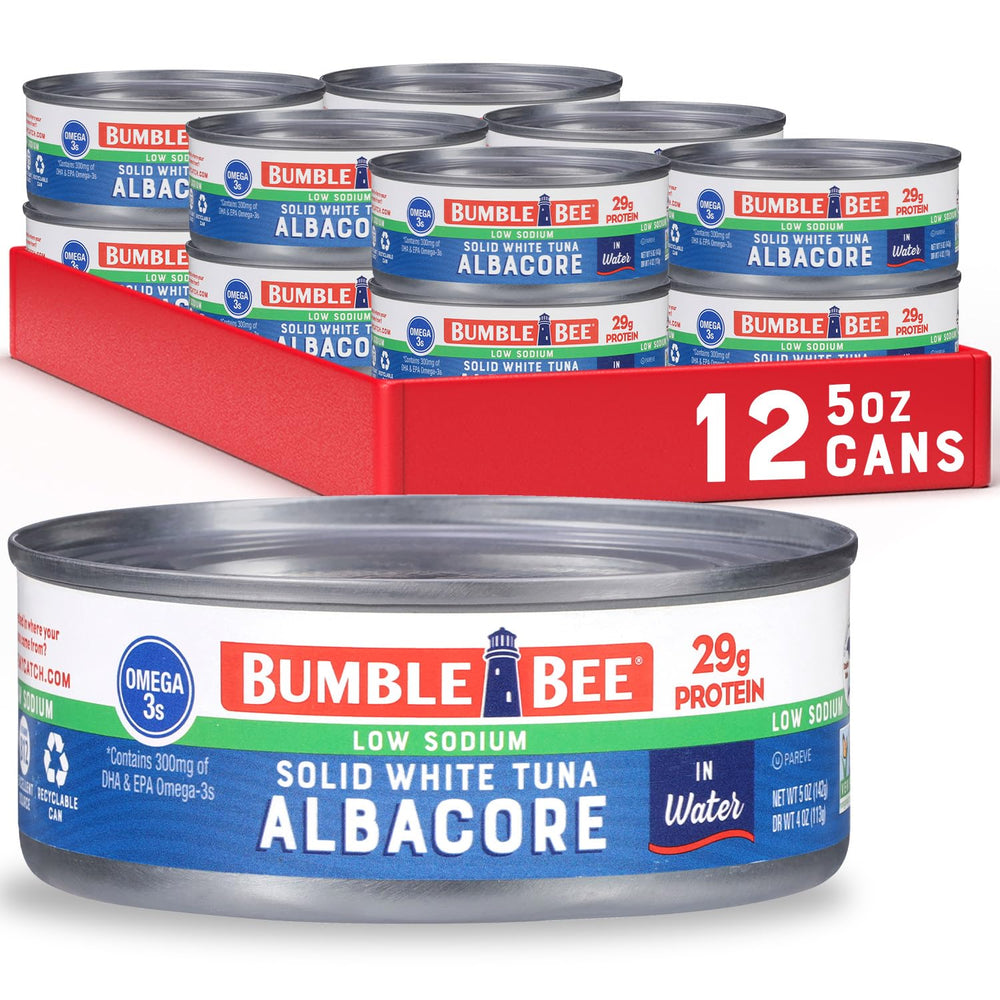 Bumble Bee low-sodium tuna in water can with solid white albacore, ready for meals.