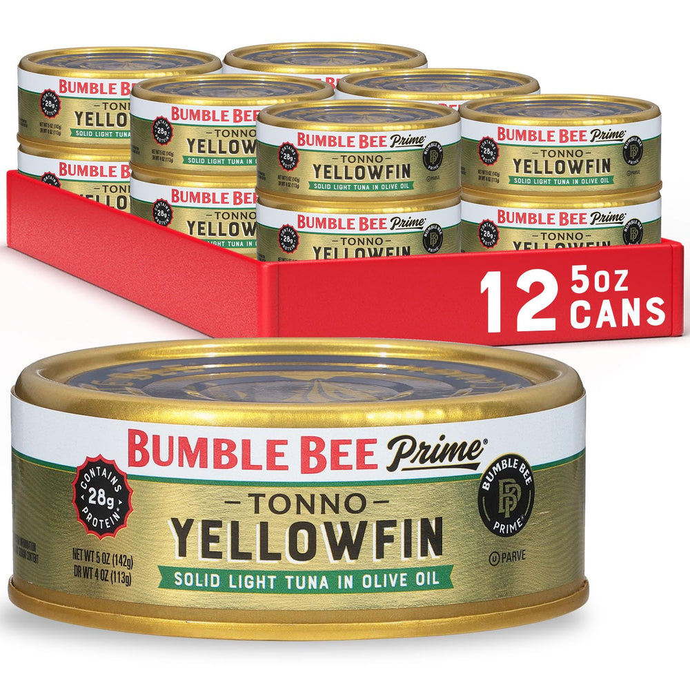 Bumble Bee Prime Tonno in olive oil can seen up close, premium tuna for quick meals.