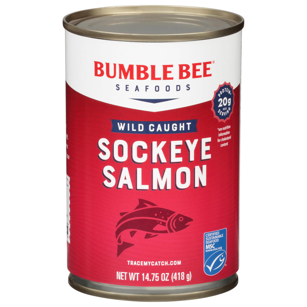 Bumble Bee red sockeye salmon can front, premium wild-caught for weeknight meals.