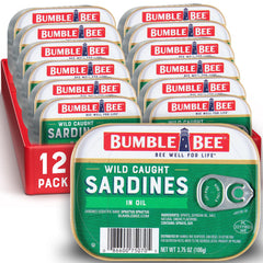 Bumble Bee Sardines in Oil can image shows oil-rich texture and 3.75 oz serving.