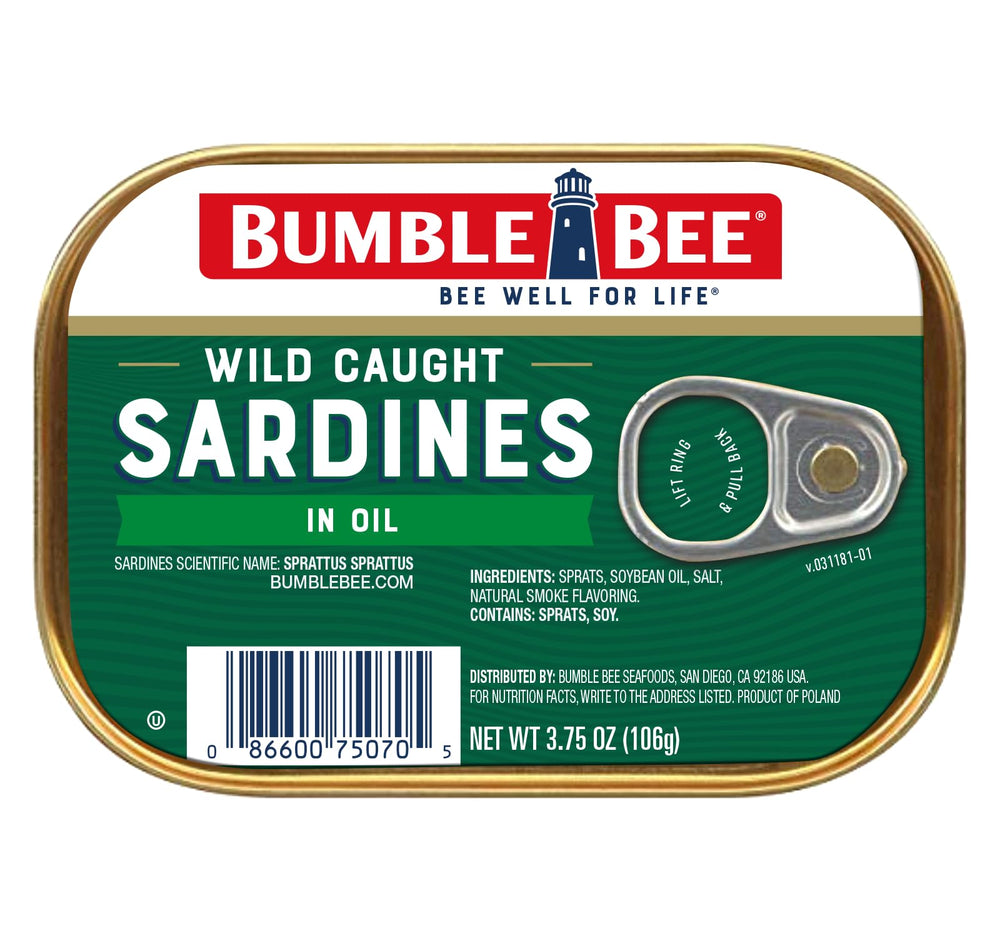 Bumble Bee sardines in oil tin label shows wild-caught quality and clean ingredients