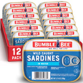 Bumble Bee sardines in water 12-pack tins display a convenient pantry staple for quick meals.