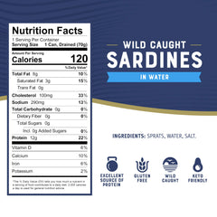 Bumble Bee sardines in water close-up on a 3.75 oz tin highlights a protein packed snack.