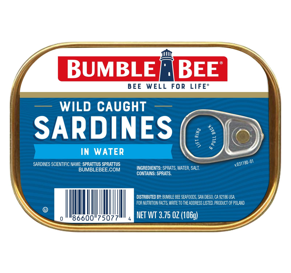Bumble Bee sardines in water tin, protein-packed snack ready for quick meals.