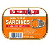 Bumble Bee sardines in Louisiana hot sauce can front view showing bold flavor and protein potential.