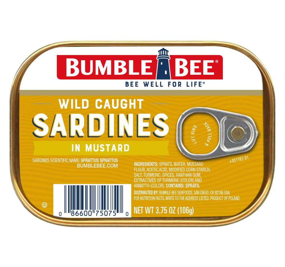 Bumble Bee Sardines in Mustard Sauce tin front; protein-packed pantry staple.