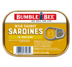 Bumble Bee Sardines in Mustard Sauce tin front; protein-packed pantry staple.