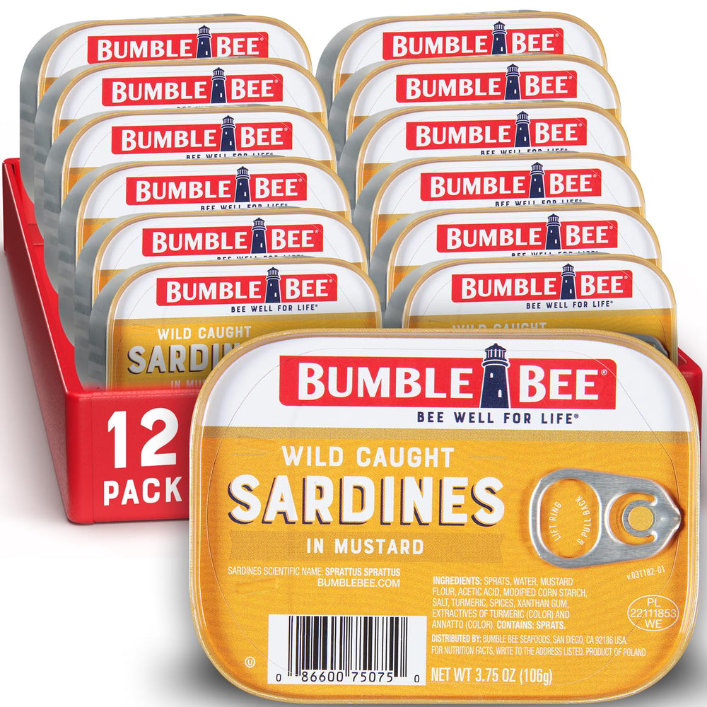 Bumble Bee Sardines in Mustard Sauce pack of 12, a protein-packed pantry staple.