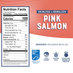 Bumble Bee skinless boneless pink salmon chunks in water, convenient protein for quick lunches.