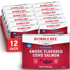 Bumble Bee smoke-flavored Red Coho salmon fillets in oil can, ready-to-serve protein.