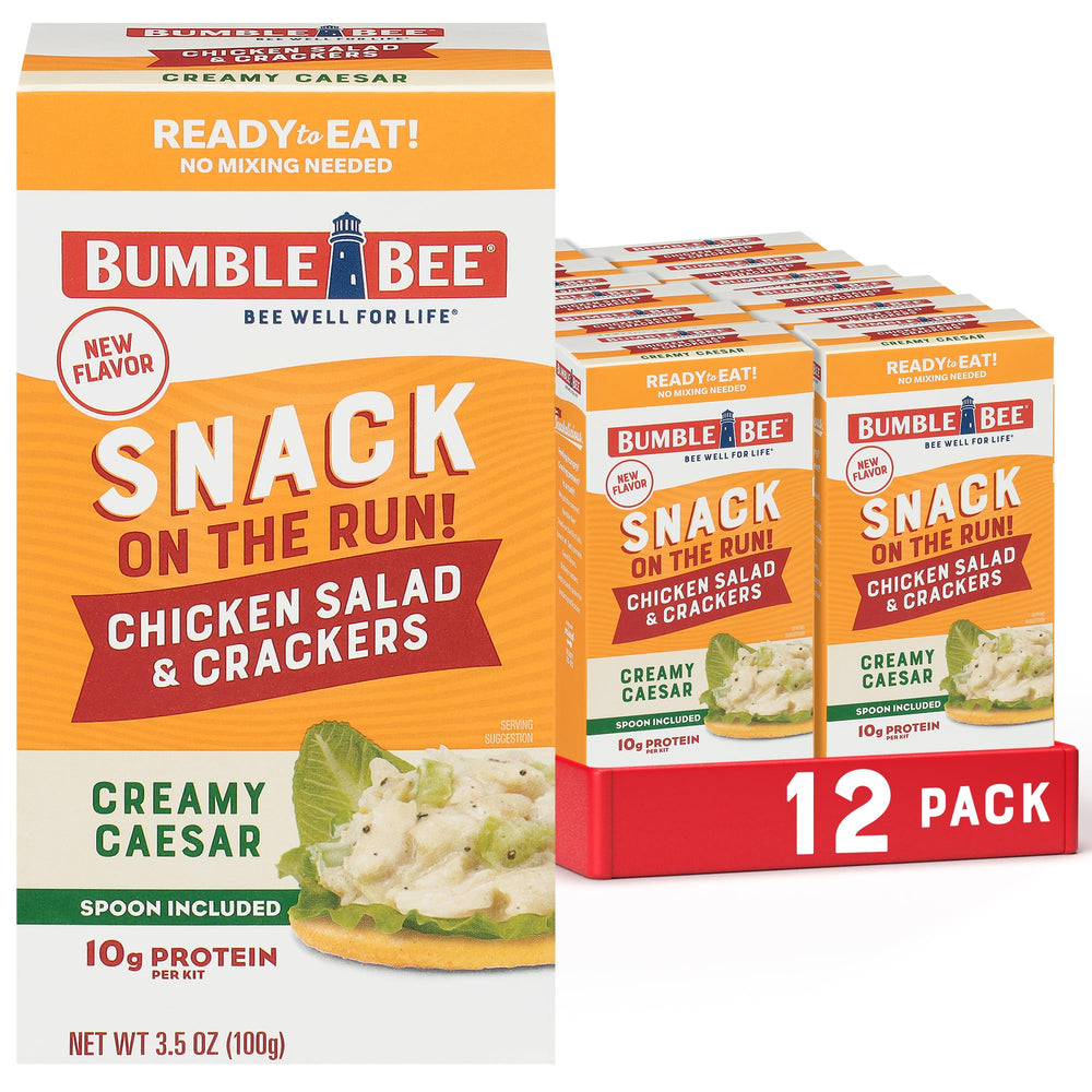 Bumble Bee Snack On The Run Caesar chicken salad with crackers, ready-to-eat protein for busy days.