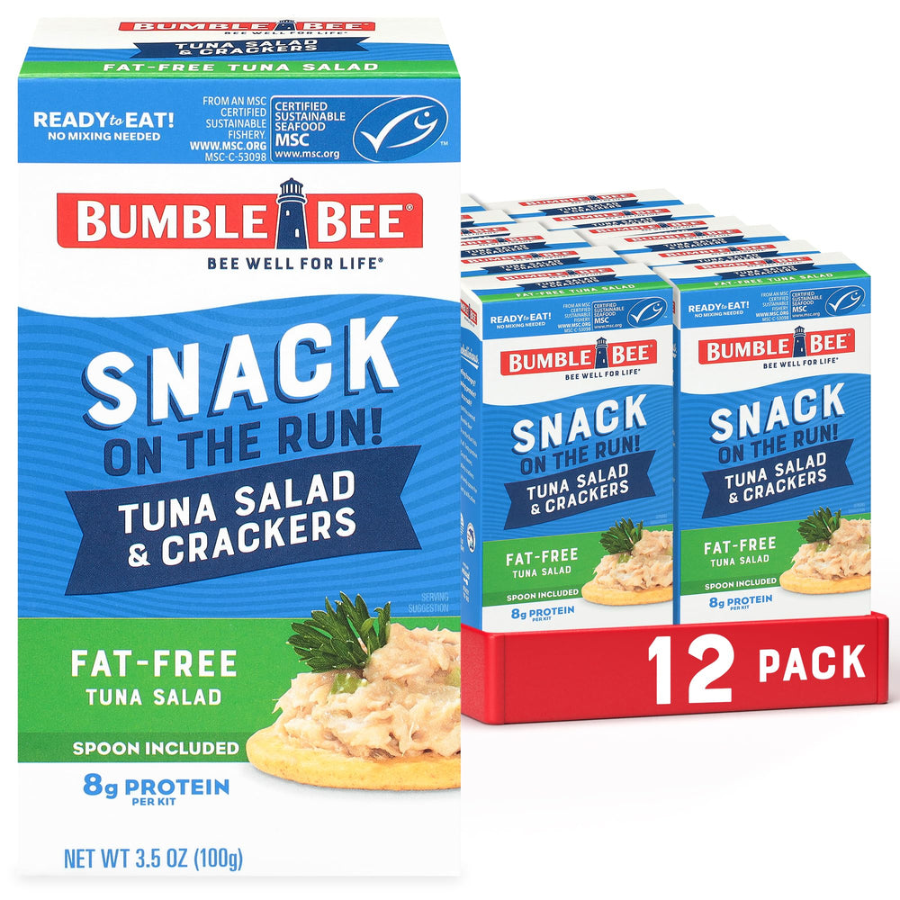 Bumble Bee Snack On The Run fat-free tuna salad with crackers kit box, portable lunch option.