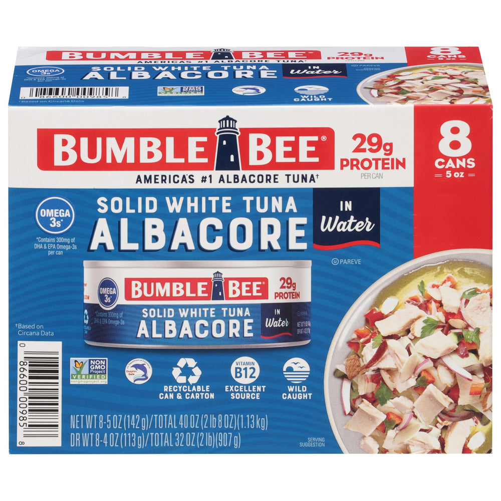Bumble Bee solid white albacore tuna in water can close-up, highlighting lean protein.
