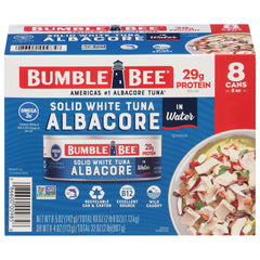 Bumble Bee solid white albacore tuna in water can close-up, highlighting lean protein.