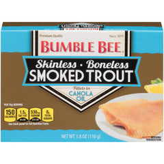 Bumble Bee smoked trout fillets in canola oil, ready to eat as a protein snack.