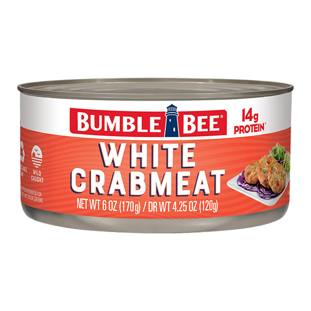 Bumble Bee white crab meat in water can, convenient protein for meals.