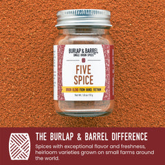 Burlap and Barrel Five Spice ground spice powder ready to season stir-fries and roasts.