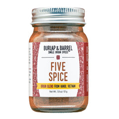 Burlap and Barrel Five Spice glass jar closeup with warm aroma and versatile flavor boost.