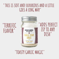 Label of Burlap & Barrel Purple Stripe Garlic Powder shows heirloom origin