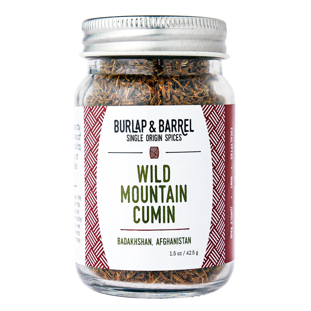 Burlap & Barrel Wild Mountain Cumin jar showing premium seeds for vibrant, savory stews.