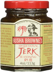 Busha Browne Jerk Seasoning ingredients label closeup with origin information.