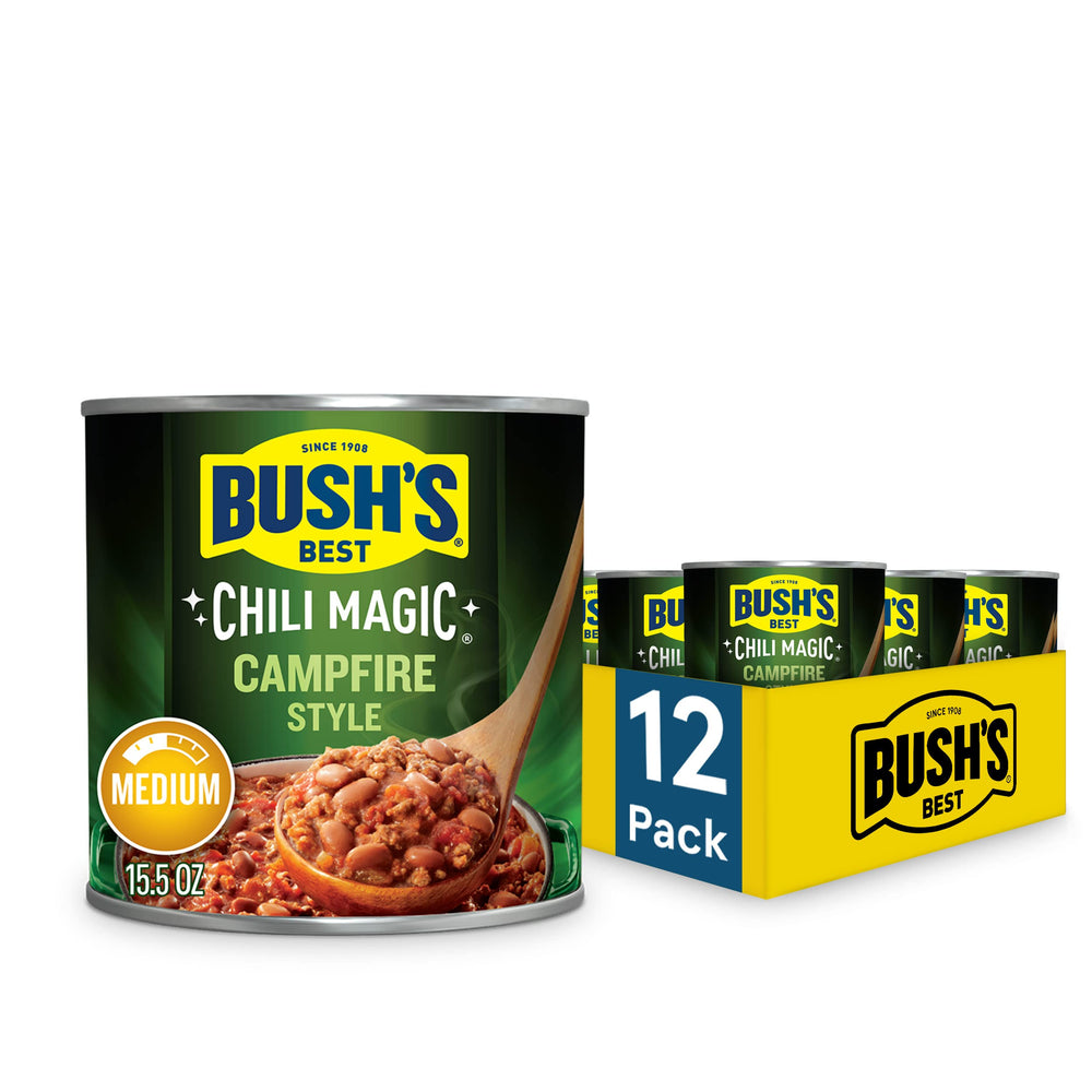 Bush's Best Chili Magic Starter can with smoky Texas flavor for quick chili prep.