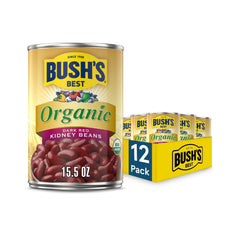 Bush's Best Organic Dark Red Kidney Beans in can ready to enrich chili, rice, or salads with protein