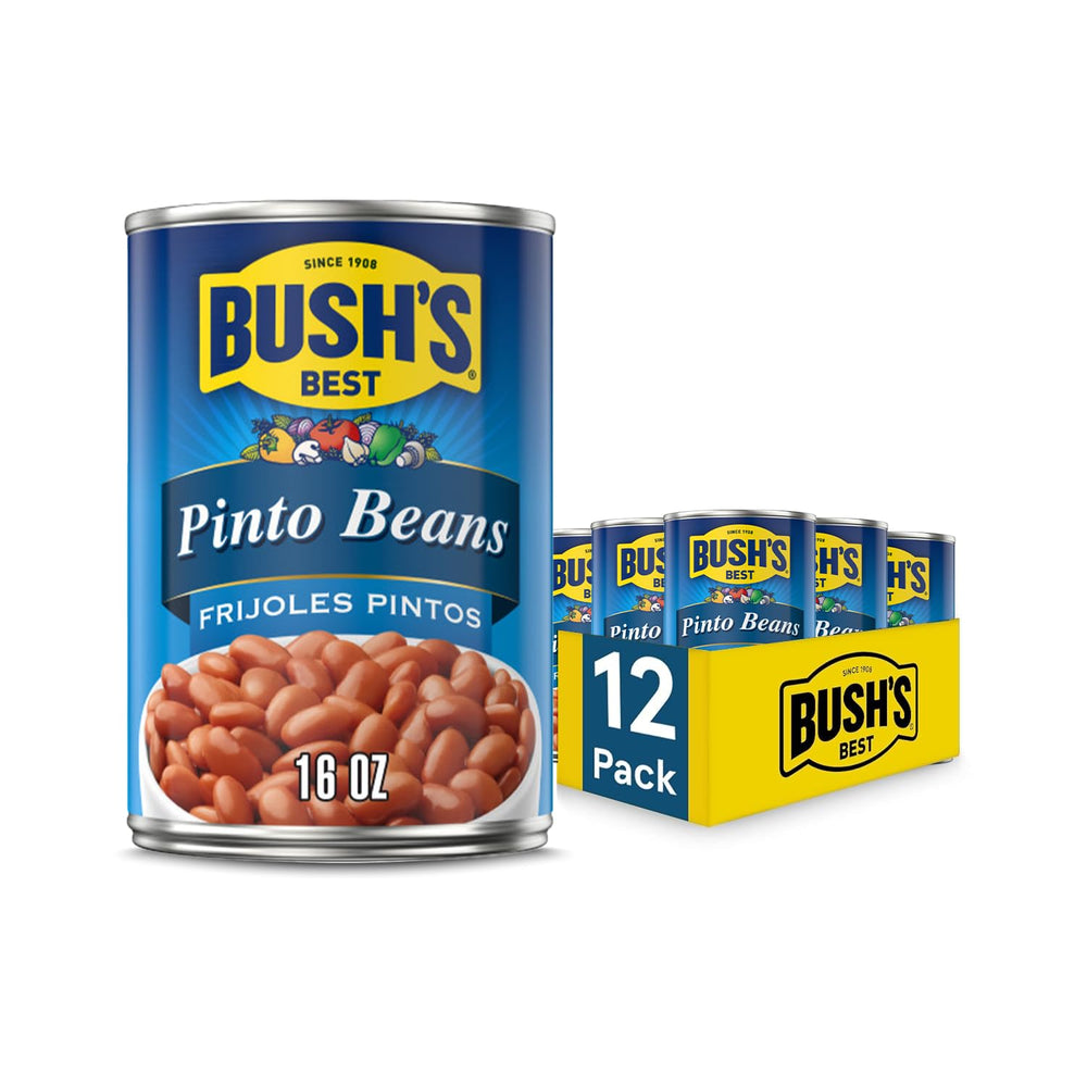 Bush's Best Pinto Beans can 16oz on kitchen shelf; protein-rich pantry staple.