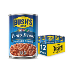 Bush's Best Pinto Beans can 16oz on kitchen shelf; protein-rich pantry staple.
