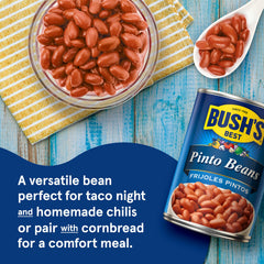 Bush's Best Pinto Beans label close-up; gluten-free pantry staple.