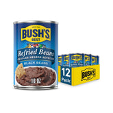 Bush's Best Refried Black Beans can, ready to heat for a quick meal.