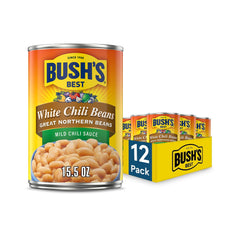 Bush's Best White Chili Beans Mild can label highlights gluten-free, fat-free profile.