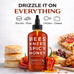Bushwick Kitchen Bees Knees Spicy Honey bottle in pantry for grilling marinades.
