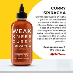 Bushwick Kitchen Weak Knees Curry Sriracha label closeup—vibrant color for bold meals.