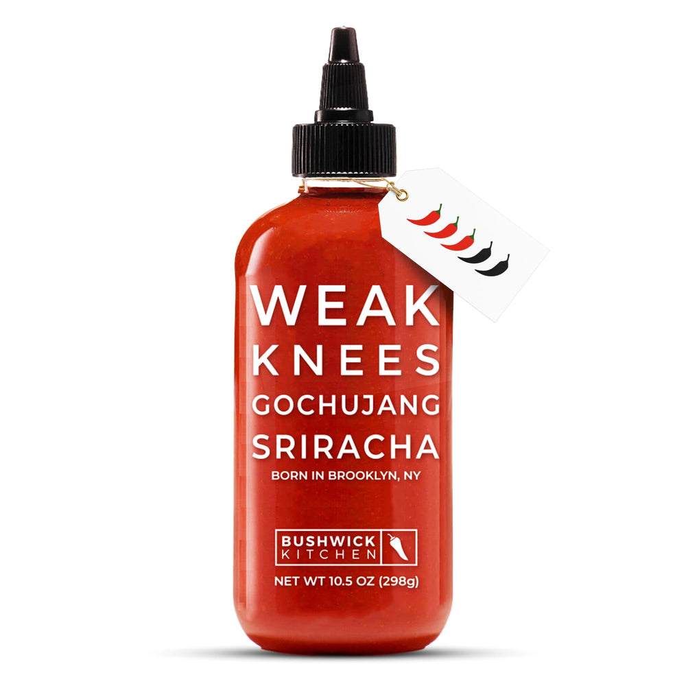 Bushwick Kitchen Weak Knees Gochujang Sriracha bottle closeup highlights bold flavor