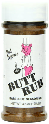 Butt Rub Bad Byron's BBQ Seasoning shaker label close-up for versatile flavor.