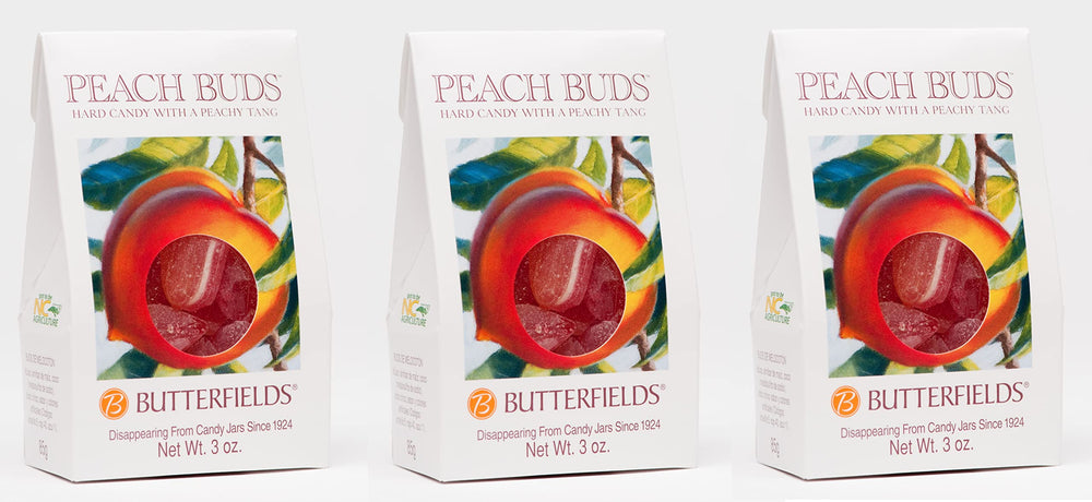 Butterfields Peach Buds candy in peach nectar and coconut flavor, a delicious treat.