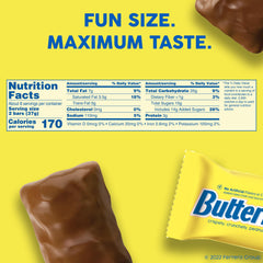 Butterfinger Fun Size bar close-up highlighting crispety, crunchety peanut-buttery taste.