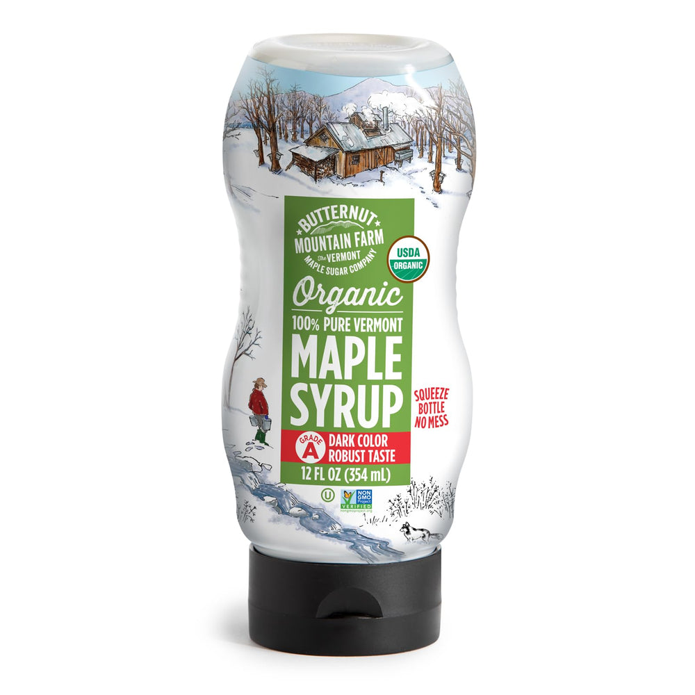 Butternut Mountain Farm maple syrup bottle pour for rich breakfast and cooking.