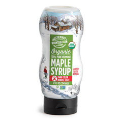 Butternut Mountain Farm maple syrup bottle pour for rich breakfast and cooking.