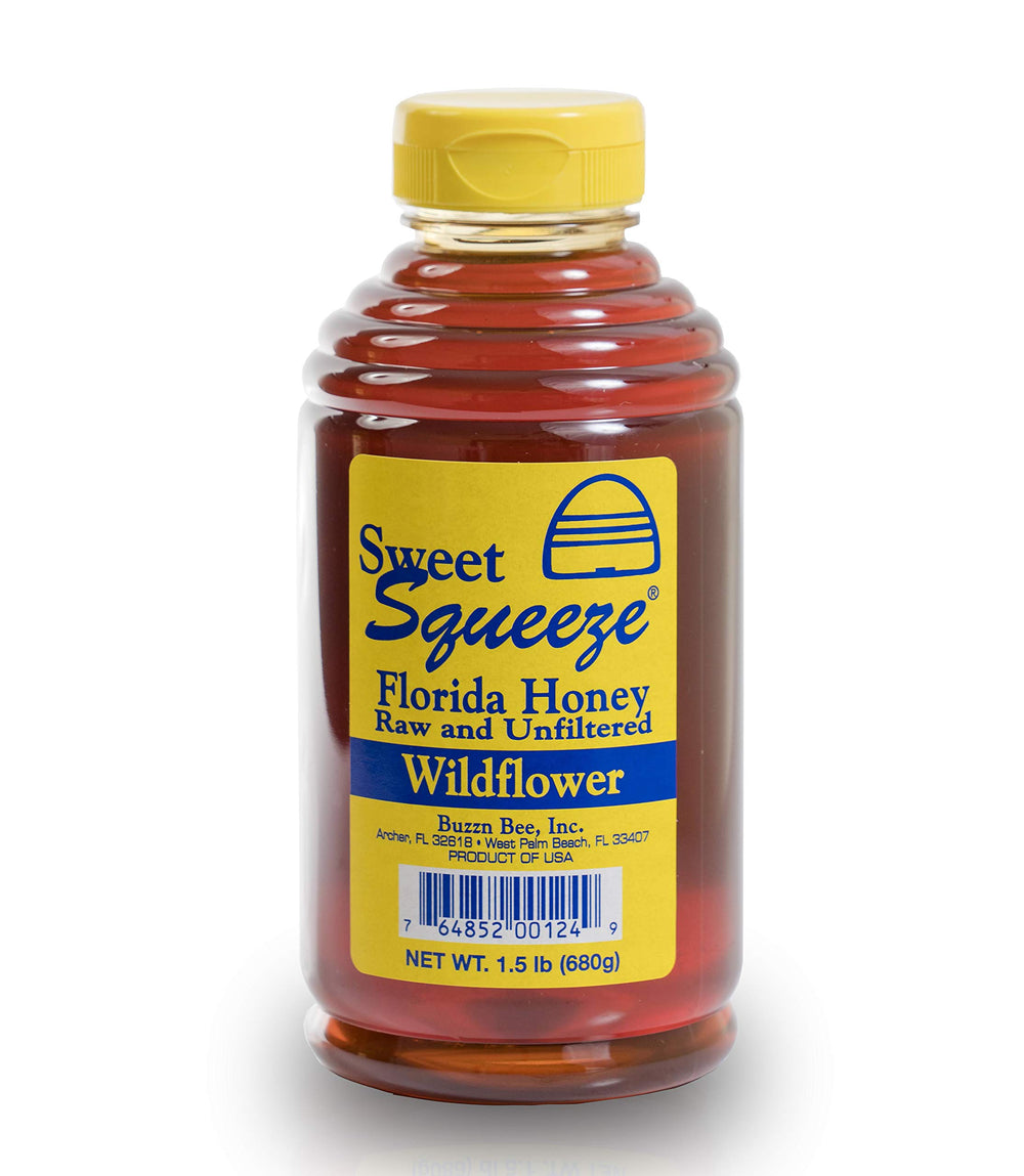 Buzzn Bee Raw Florida Honey bottle, wildflower flavor, unfiltered, unpasteurized for rich natural sweetness